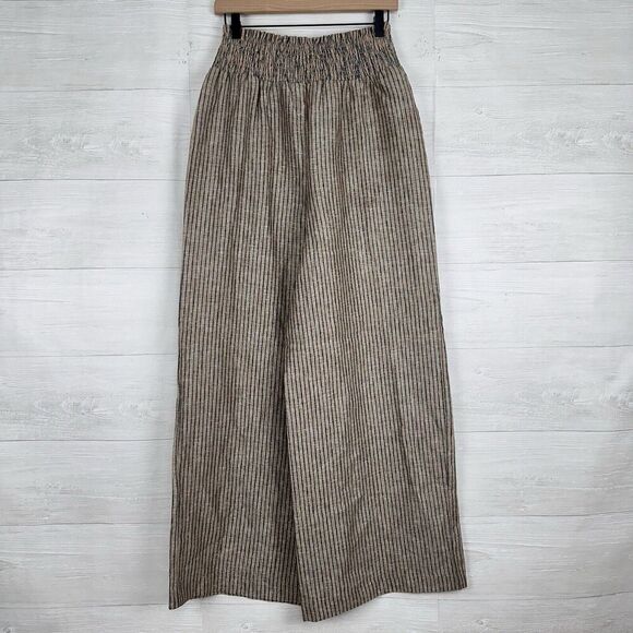 Boden Linen Shirred Waist Trousers Wide Leg Women 6R Camel Black Stripe Pull On - Picture 6 of 16